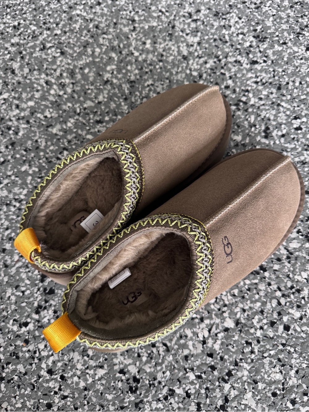 Never Worn UGG Inspired - Tan Suede Shearling-Lined Slip-Ons with Yellow Accents